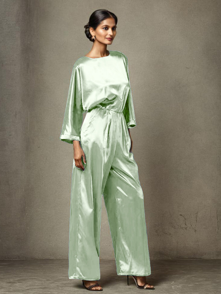 Jumpsuit/Hosenanzug Rundhalsausschnitt Lange Ärmel Weicher Satin Brautmutterkleider