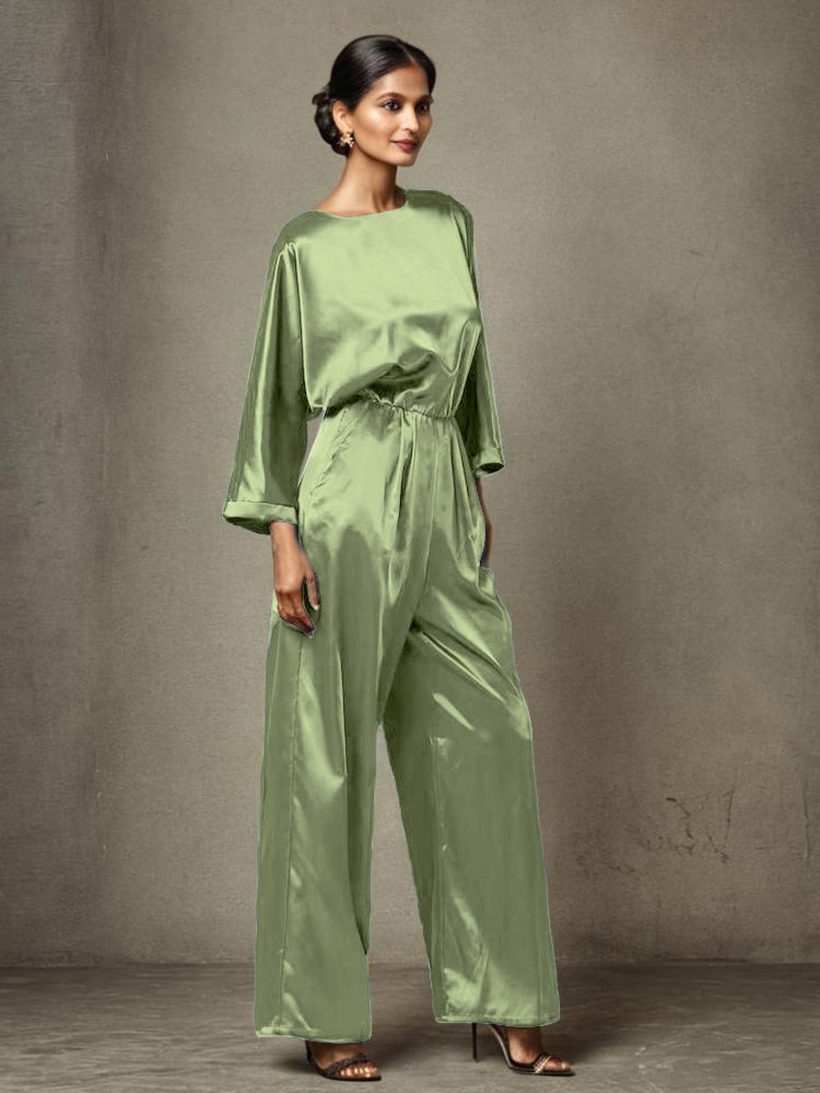 Jumpsuit/Hosenanzug Rundhalsausschnitt Lange Ärmel Weicher Satin Brautmutterkleider