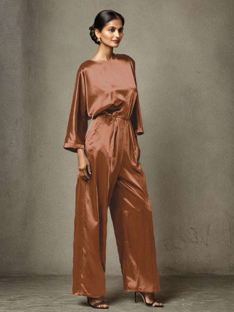 Jumpsuit/Hosenanzug Rundhalsausschnitt Lange Ärmel Weicher Satin Brautmutterkleider