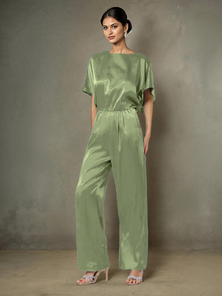 Jumpsuit/Hosenanzug Rundhalsausschnitt Halbe Ärmel Weiches Satin Brautmutterkleider mit Gürtel