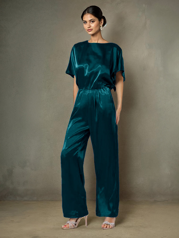 Jumpsuit/Hosenanzug Rundhalsausschnitt Halbe Ärmel Weiches Satin Brautmutterkleider mit Gürtel