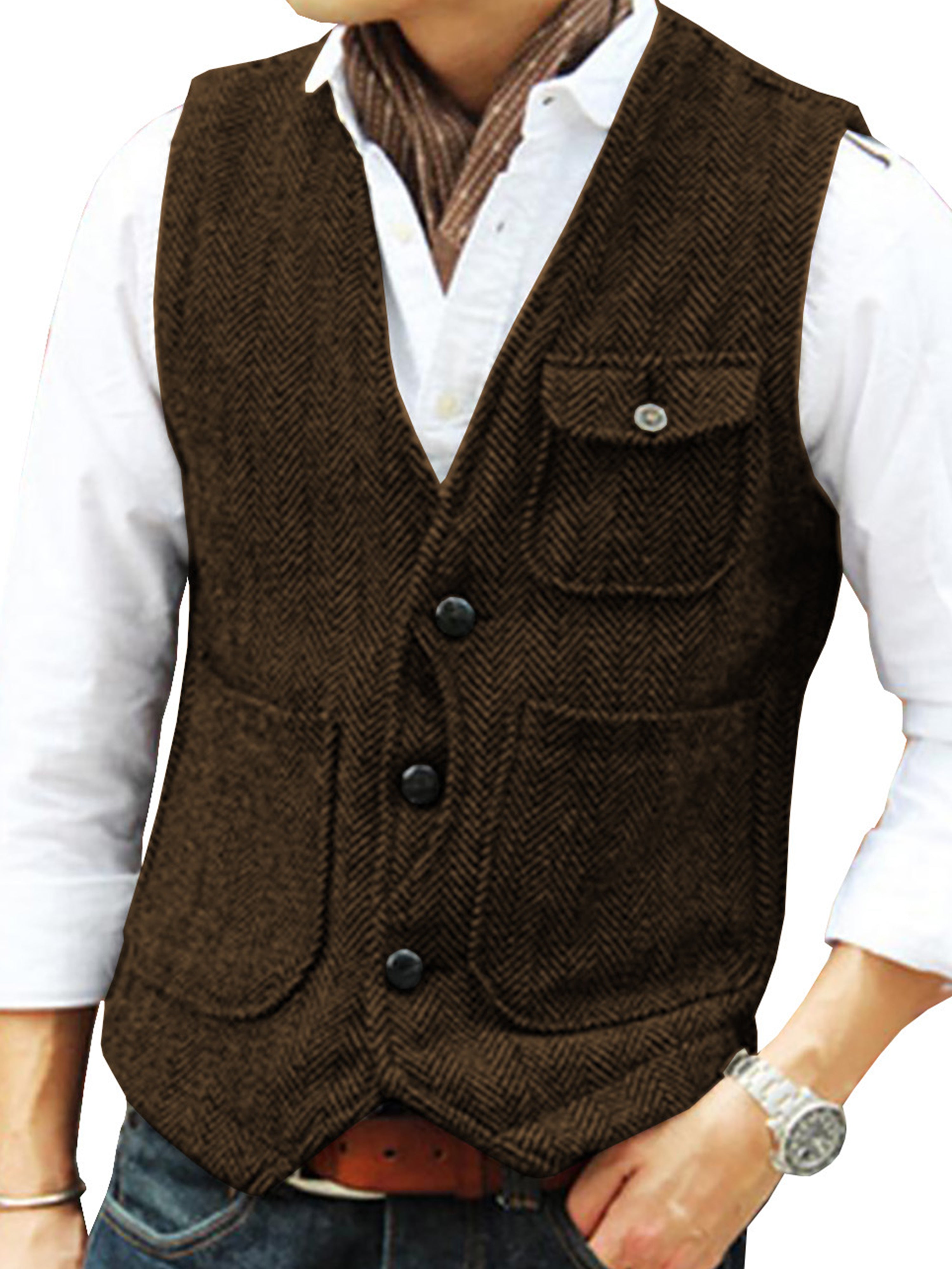 Tweed Suit Herren Anzug V-Ausschnitt Weste