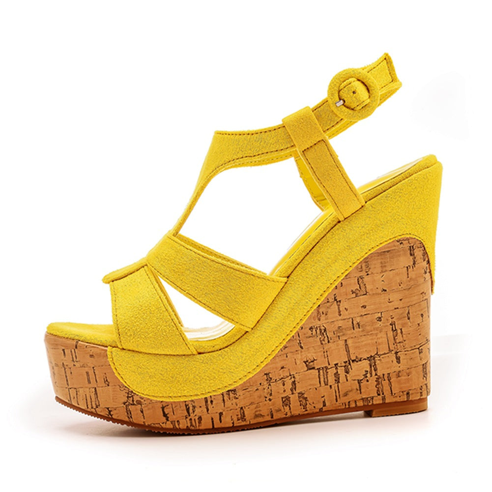 Wildleder-Holzmaserung Peeptoe-Plateau-Wedges-Sandalen