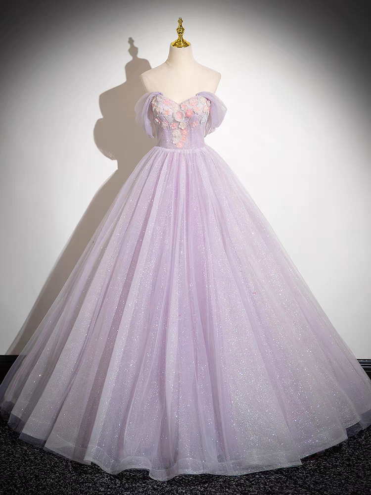 Glitzerndes Tüll-Abschlussballkleid schulterfrei mit Blumenapplikationen Quinceanera Kleid