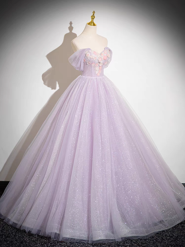 Glitzerndes Tüll-Abschlussballkleid schulterfrei mit Blumenapplikationen Quinceanera Kleid