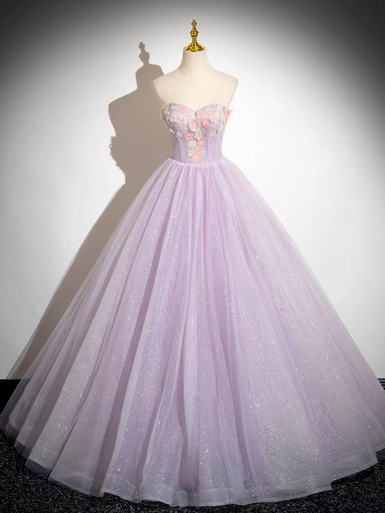 Glitzerndes Tüll-Abschlussballkleid schulterfrei mit Blumenapplikationen Quinceanera Kleid