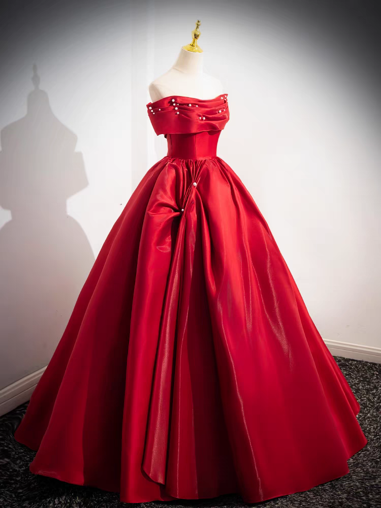 Elegantes Rotes Trägerloses Gerafftes Mieder Perlenbesetztes Satin Quinceanera Kleid