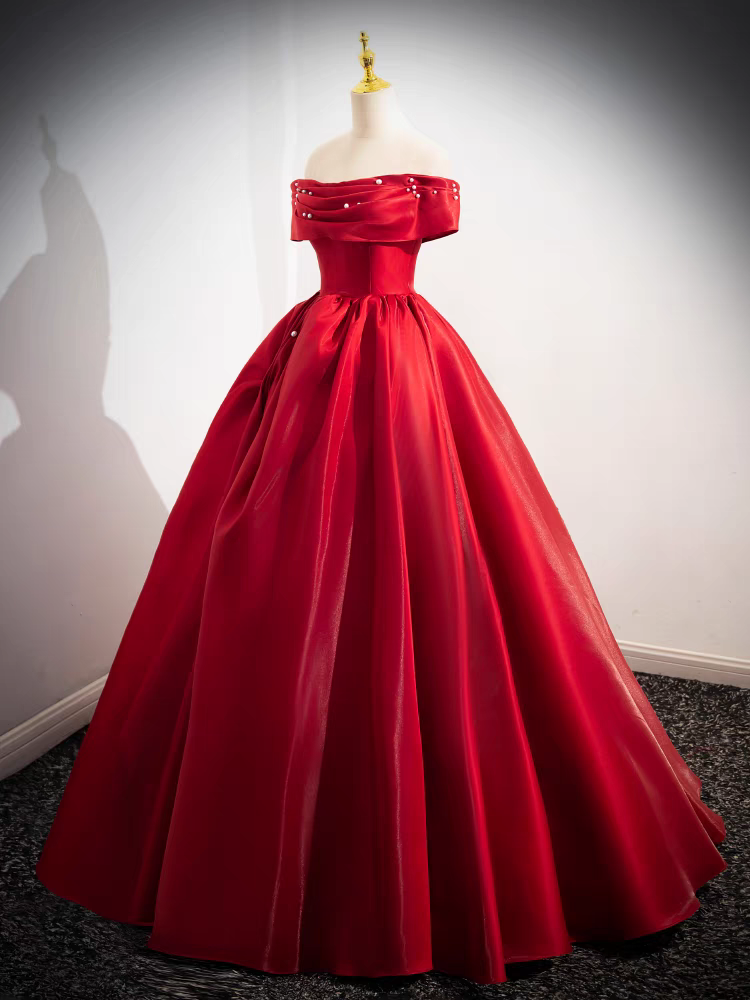 Elegantes Rotes Trägerloses Gerafftes Mieder Perlenbesetztes Satin Quinceanera Kleid