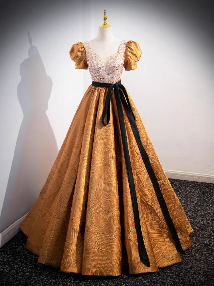 Gold Puffärmel V-Ausschnitt Pailletten Mieder Quinceanera Kleid