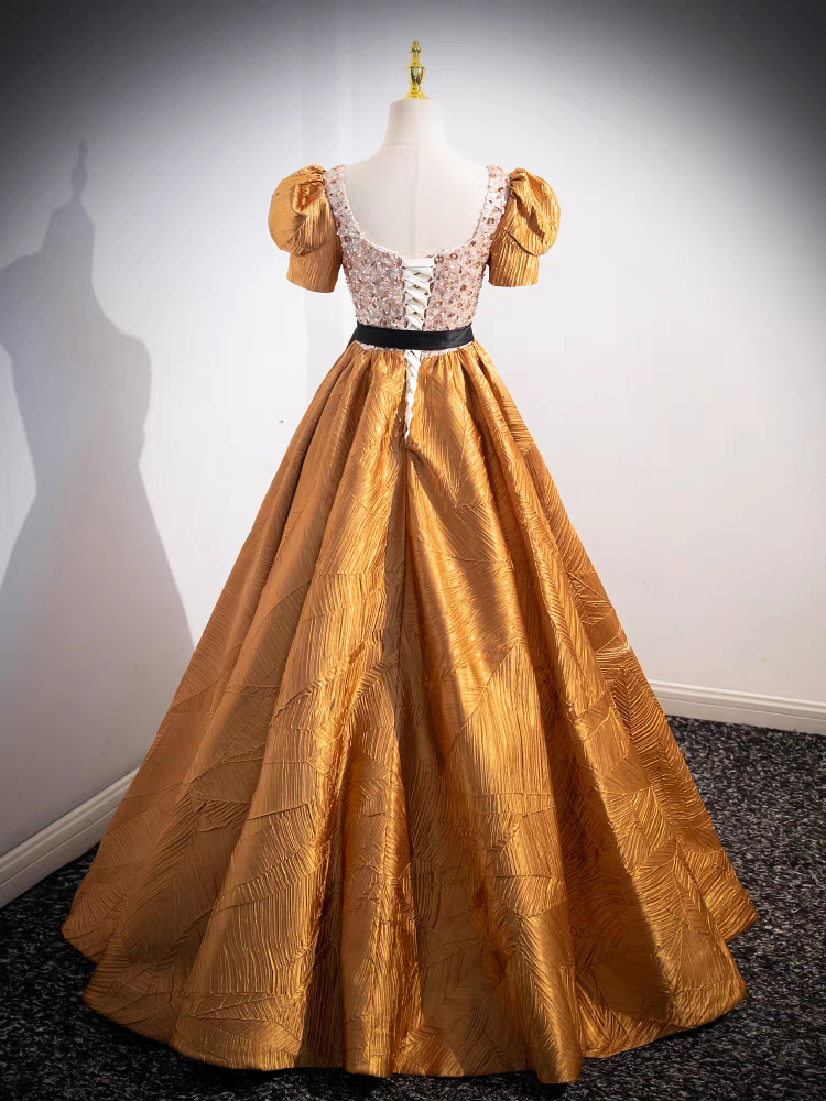 Gold Puffärmel V-Ausschnitt Pailletten Mieder Quinceanera Kleid