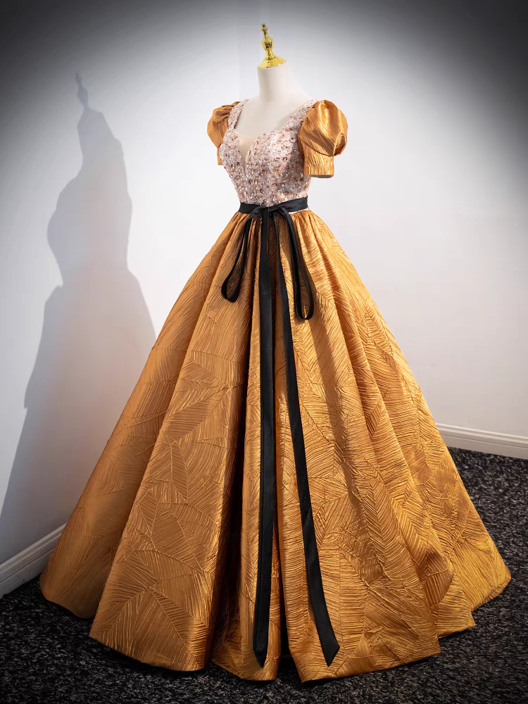 Gold Puffärmel V-Ausschnitt Pailletten Mieder Quinceanera Kleid