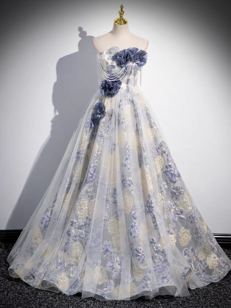 Trägerloses Ballkleid mit Blumen Abnehmbare Ärmel Bedruckte Spitze Quinceanera Kleid