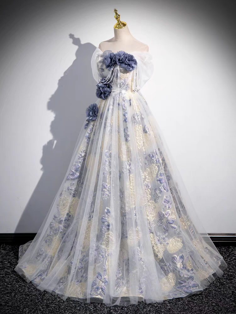 Trägerloses Ballkleid mit Blumen Abnehmbare Ärmel Bedruckte Spitze Quinceanera Kleid