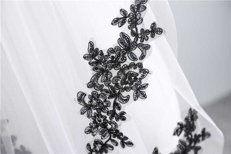 Zweischichtig Tüll Spitzensaum Ellenbogen Braut Schleier mit schwarzen Applikationen TS91008