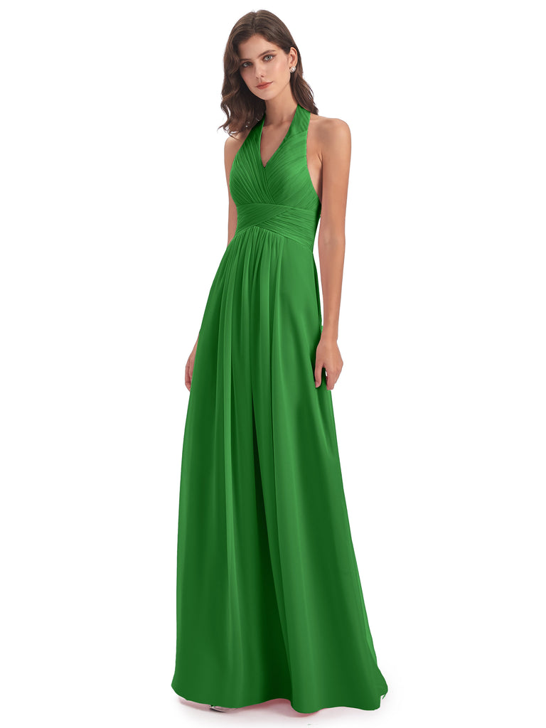 Camila A-Linie Bodenlange Nackenträger Plissee Chiffon Lange Brautjungfernkleider