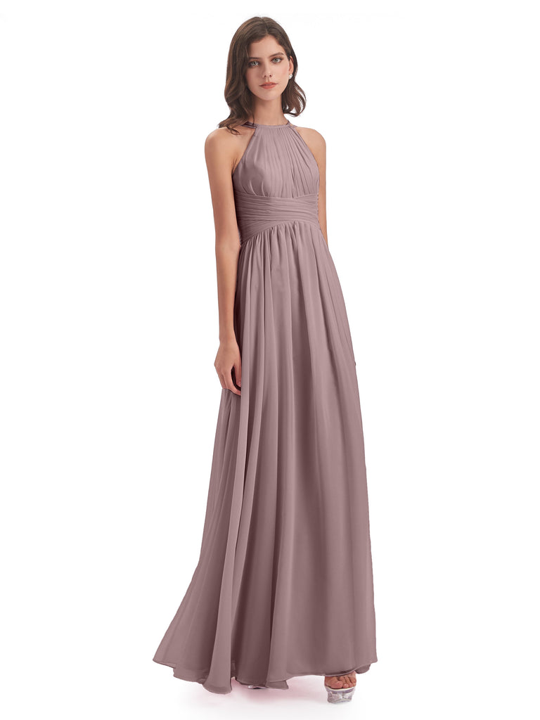 Ellianna A-Linie Bodenlange Spaghetti-Trägern Rücken-Reißverschluss Chiffon Lange Brautjungfernkleider