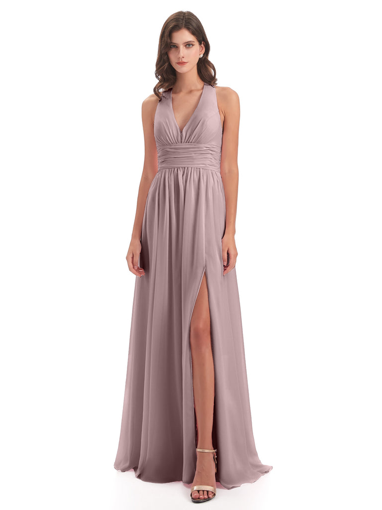 Emily A-Linie Bodenlange V-Ausschnitt geschlitzte Chiffon Lange Brautjungfernkleider