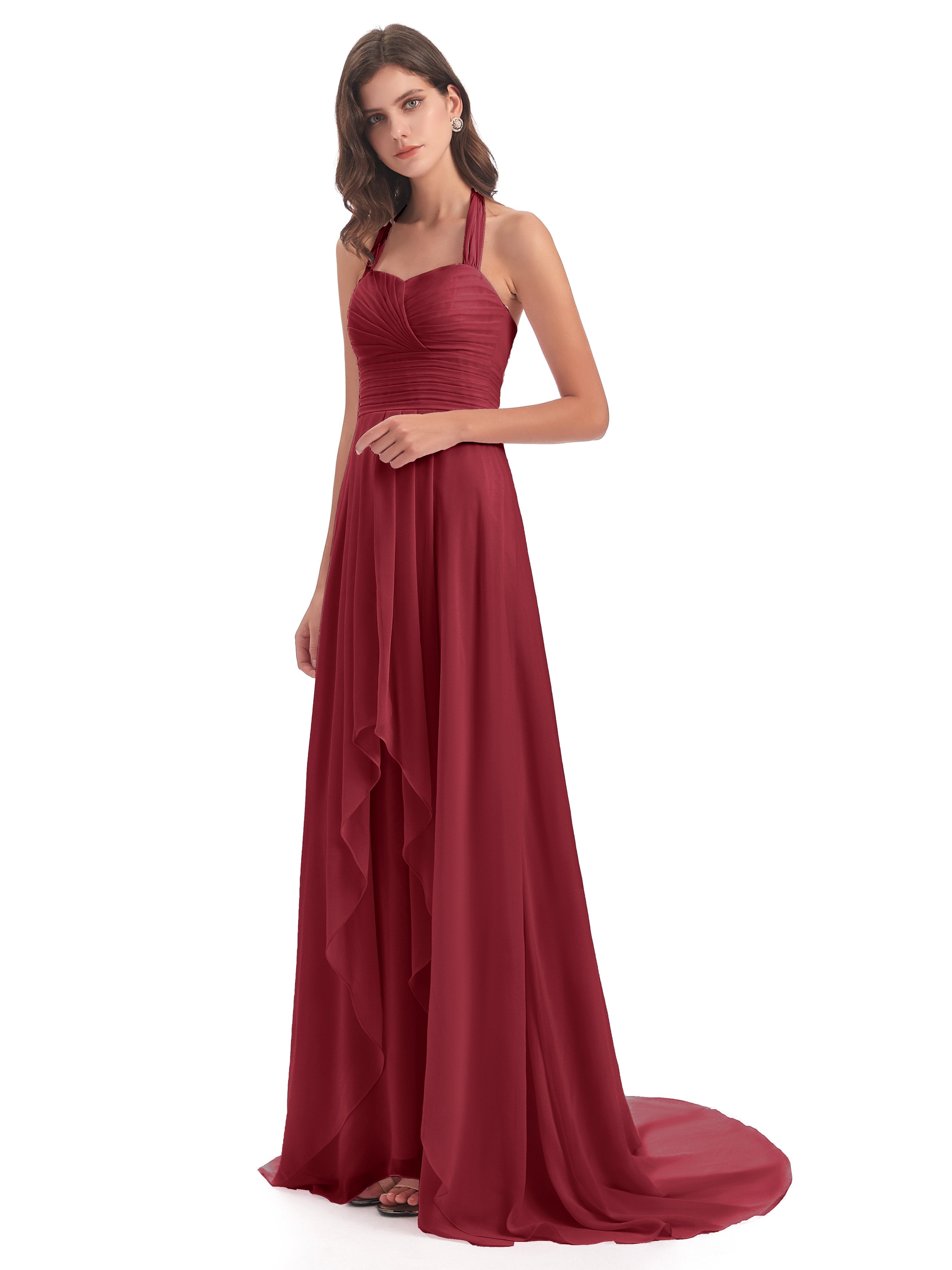 Ensley Asymmetrische High-Low Nackenträger Lange Chiffon Brautjungfernkleider