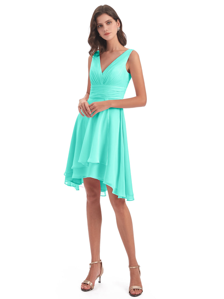 Esperanza A-Linie High-Low V-Ausschnitt Chiffon Kurze Brautjungfernkleider