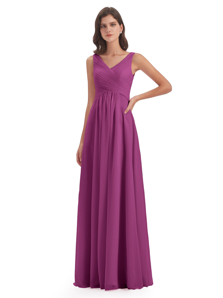 Evalyn A-Linie Bodenlange V-Ausschnitt Trägern Chiffon Lange Brautjungfernkleider