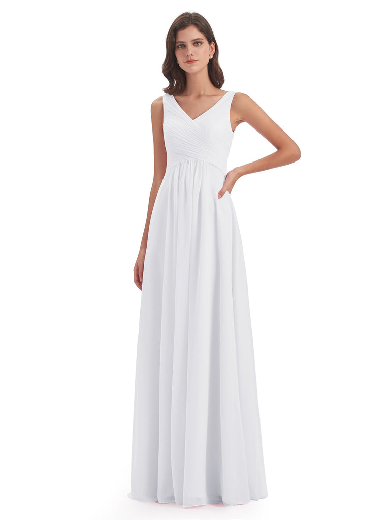 Evalyn A-Linie Bodenlange V-Ausschnitt Trägern Chiffon Lange Brautjungfernkleider