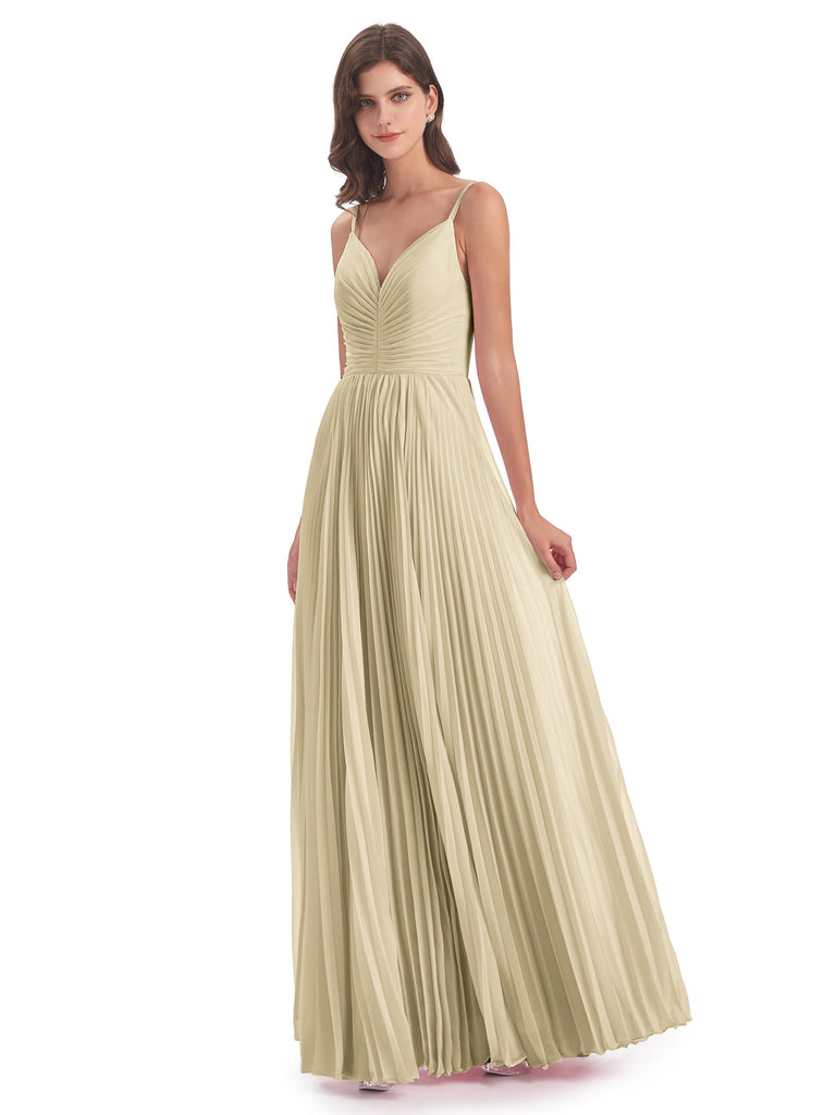Jazlynn A-Linie Bodenlange Spaghetti-Trägern Chiffon Lange Brautjungfernkleider