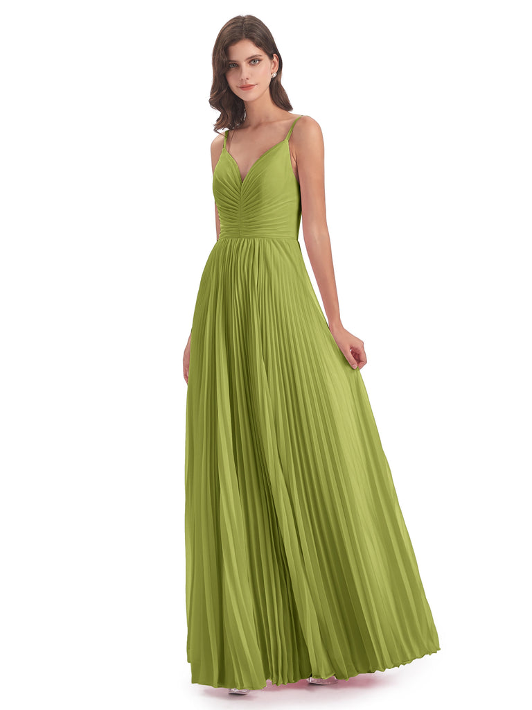 Jazlynn A-Linie Bodenlange Spaghetti-Trägern Chiffon Lange Brautjungfernkleider
