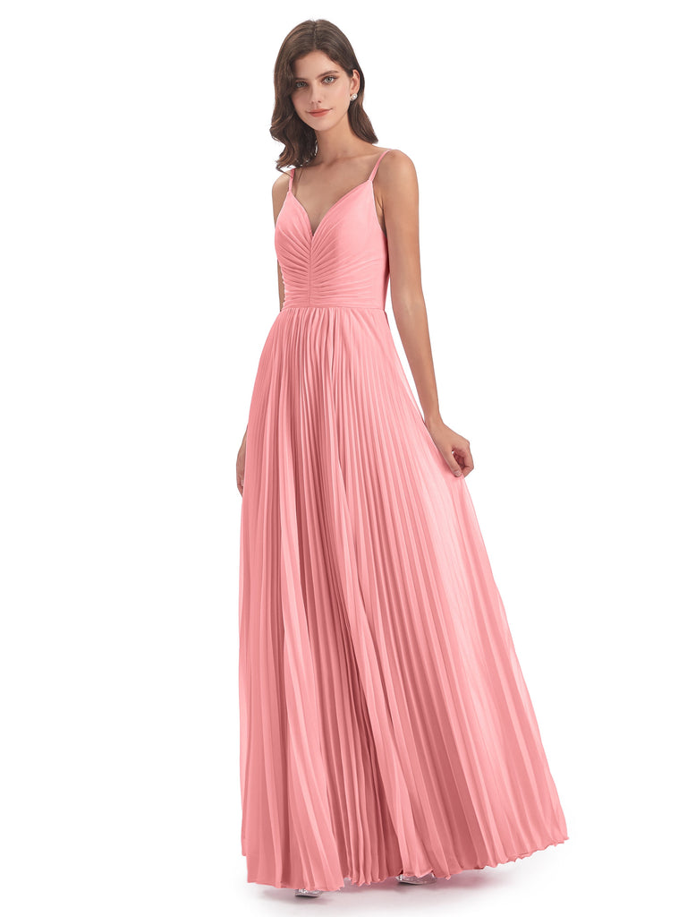 Jazlynn A-Linie Bodenlange Spaghetti-Trägern Chiffon Lange Brautjungfernkleider