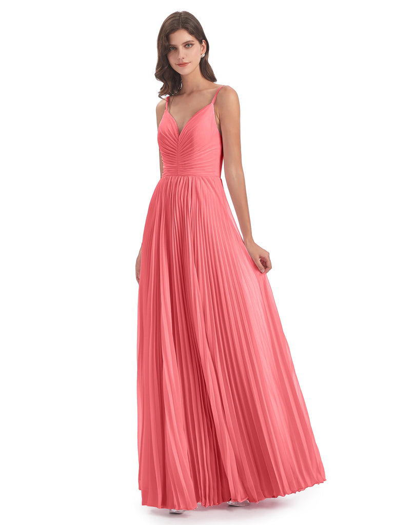 Jazlynn A-Linie Bodenlange Spaghetti-Trägern Chiffon Lange Brautjungfernkleider