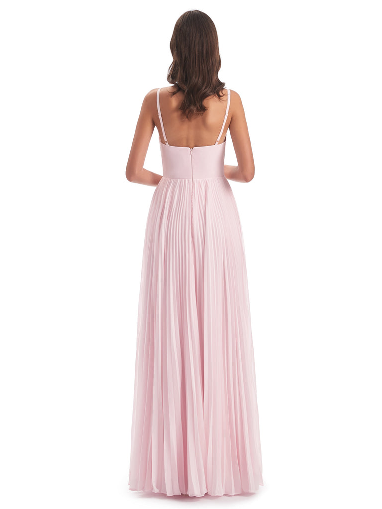 Jazlynn A-Linie Bodenlange Spaghetti-Trägern Chiffon Lange Brautjungfernkleider