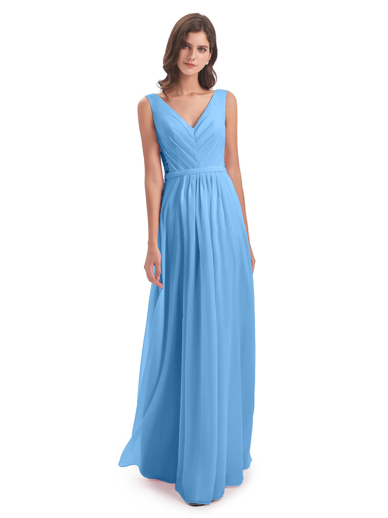 Kailee A-Linie Bodenlange V-Ausschnitt Chiffon Lange Brautjungfernkleider
