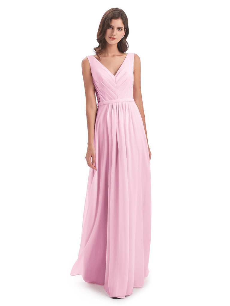Kailee A-Linie Bodenlange V-Ausschnitt Chiffon Lange Brautjungfernkleider