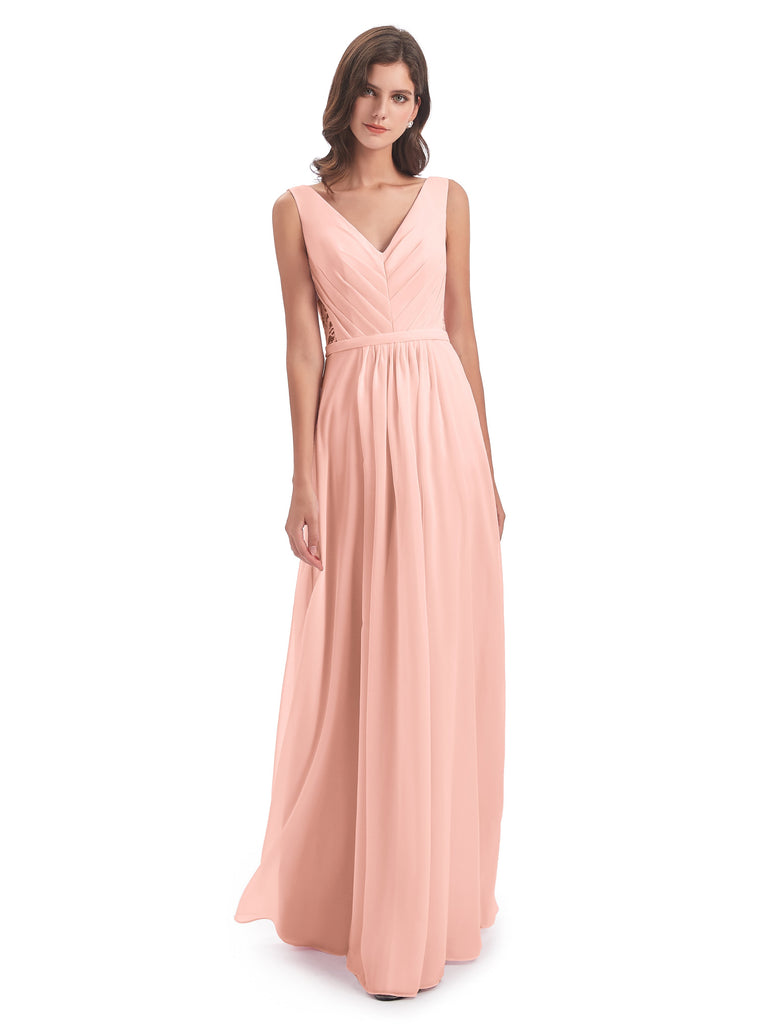Kailee A-Linie Bodenlange V-Ausschnitt Chiffon Lange Brautjungfernkleider