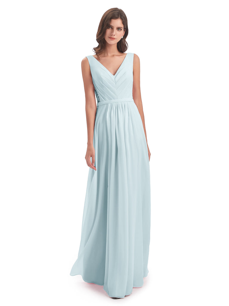 Kailee A-Linie Bodenlange V-Ausschnitt Chiffon Lange Brautjungfernkleider