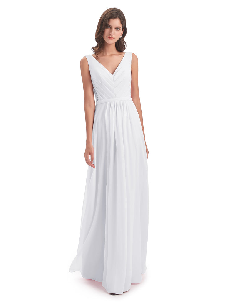 Kailee A-Linie Bodenlange V-Ausschnitt Chiffon Lange Brautjungfernkleider