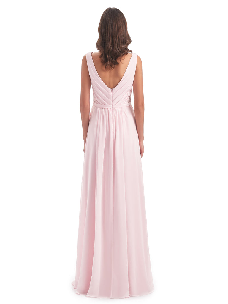 Kailee A-Linie Bodenlange V-Ausschnitt Chiffon Lange Brautjungfernkleider