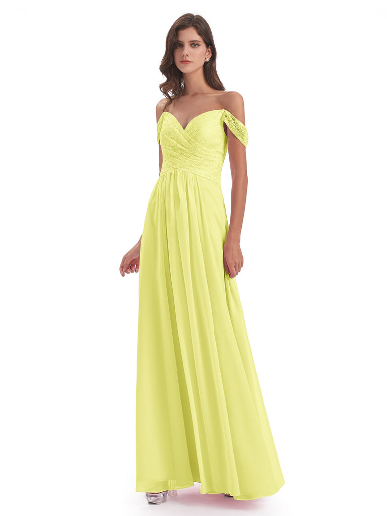 Marjorie A-Linie Bodenlange Schulterfreie Spitze/Chiffon Lange Brautjungfernkleider