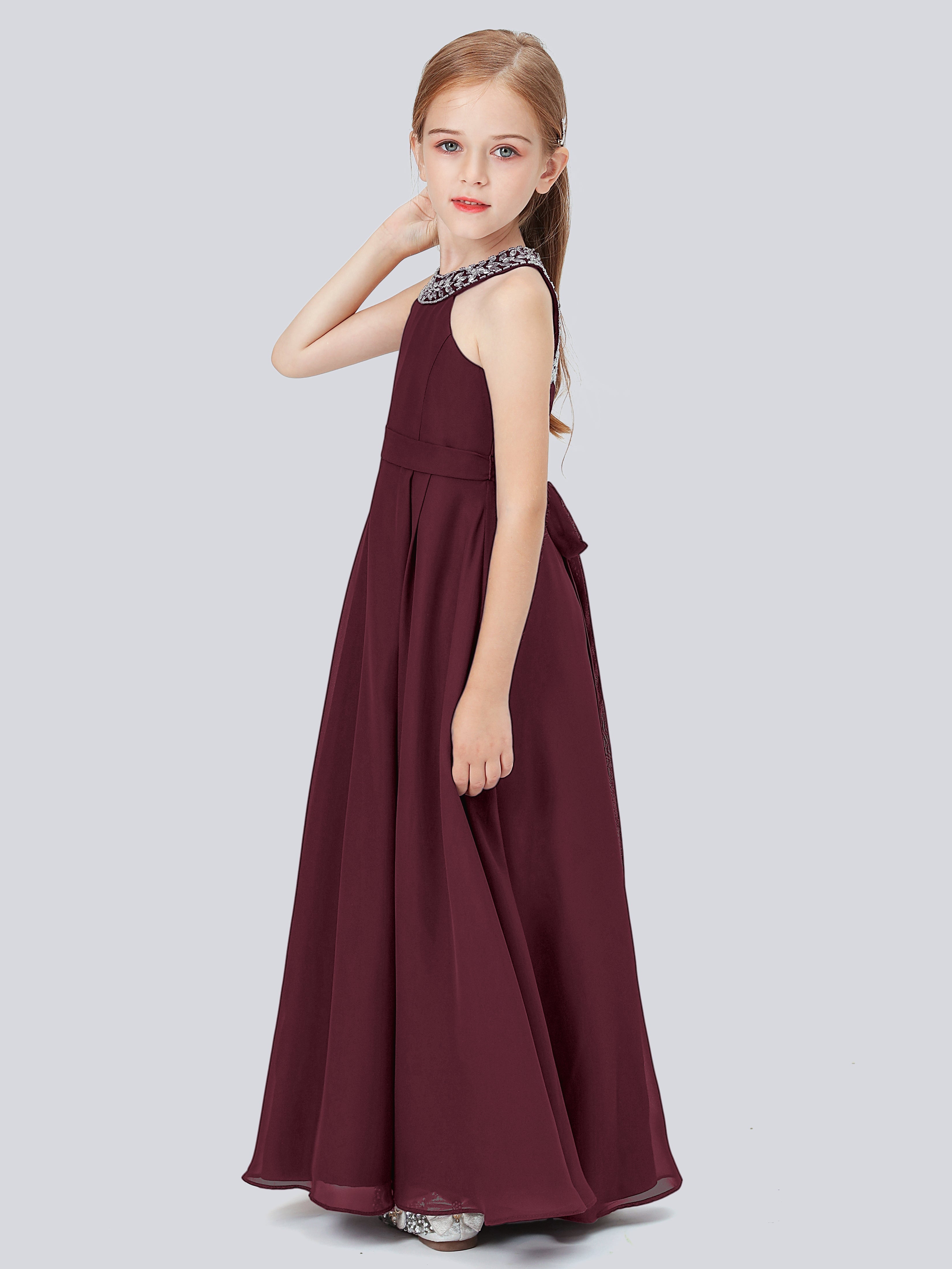 Chiffon Kleid für Junge Brautjungfern mit Perlenausschnitt