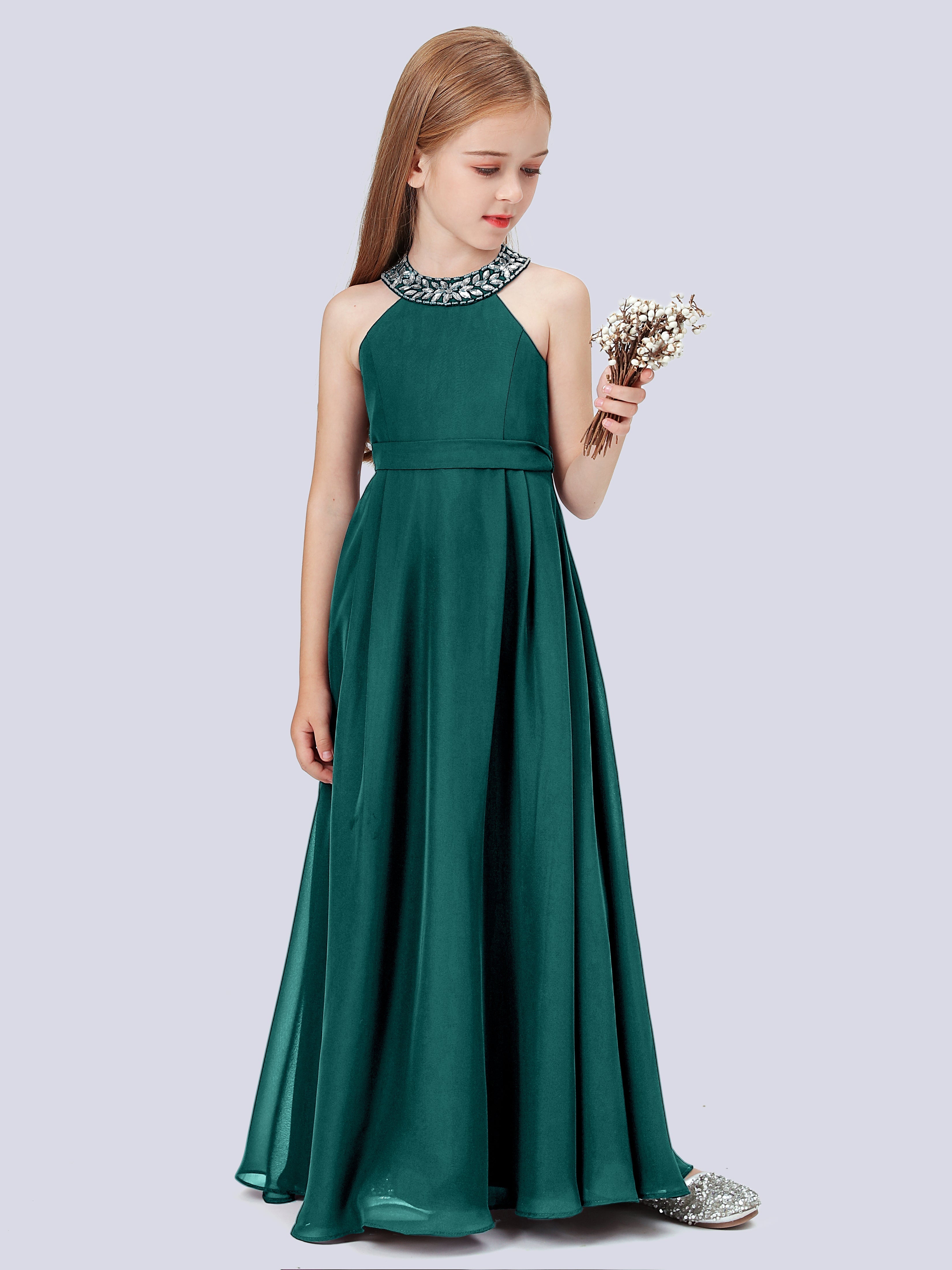 Chiffon Kleid für Junge Brautjungfern mit Perlenausschnitt