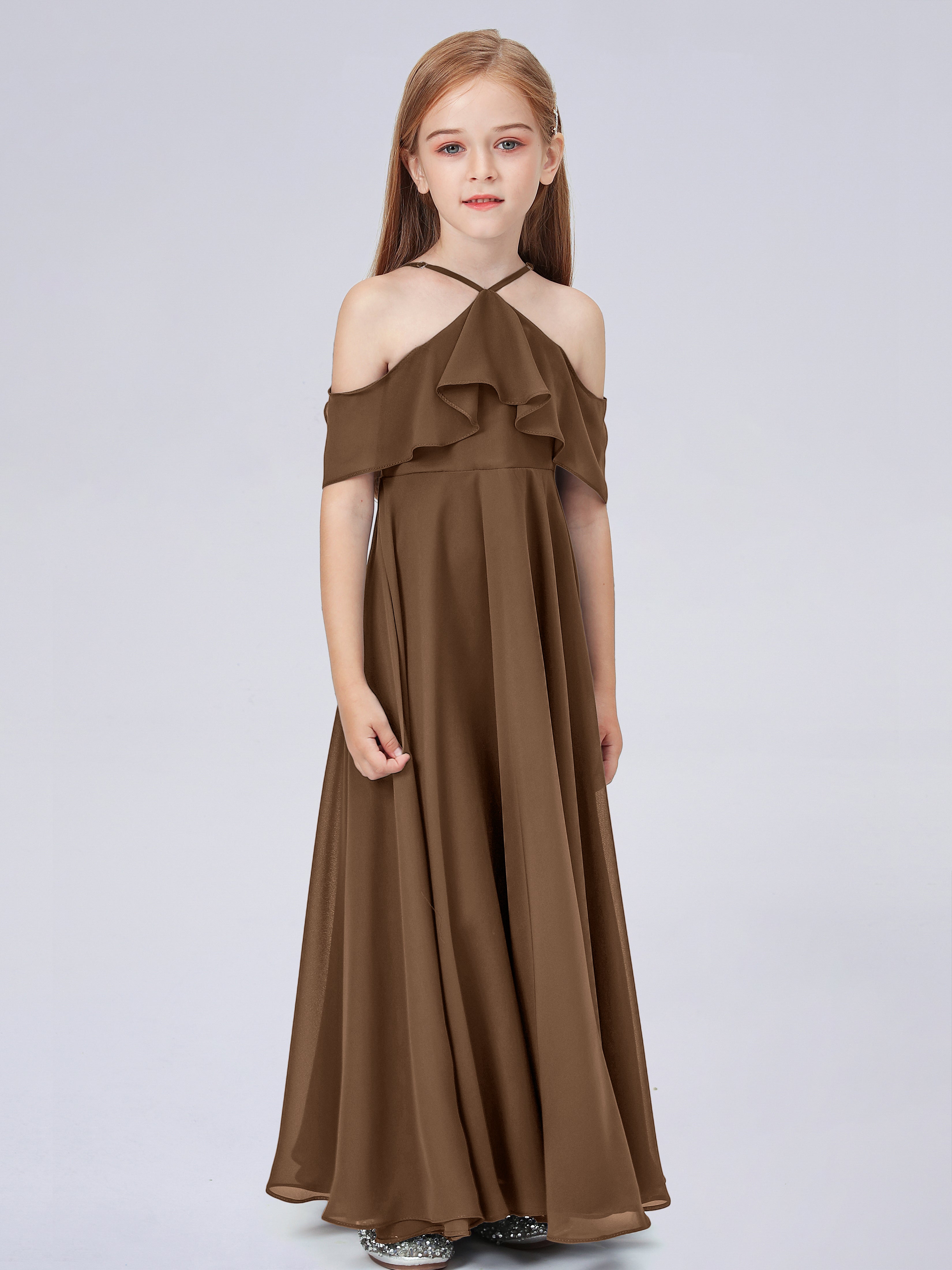 Schulterfreies Chiffon Kleid für Junge Brautjungfern mit Falten