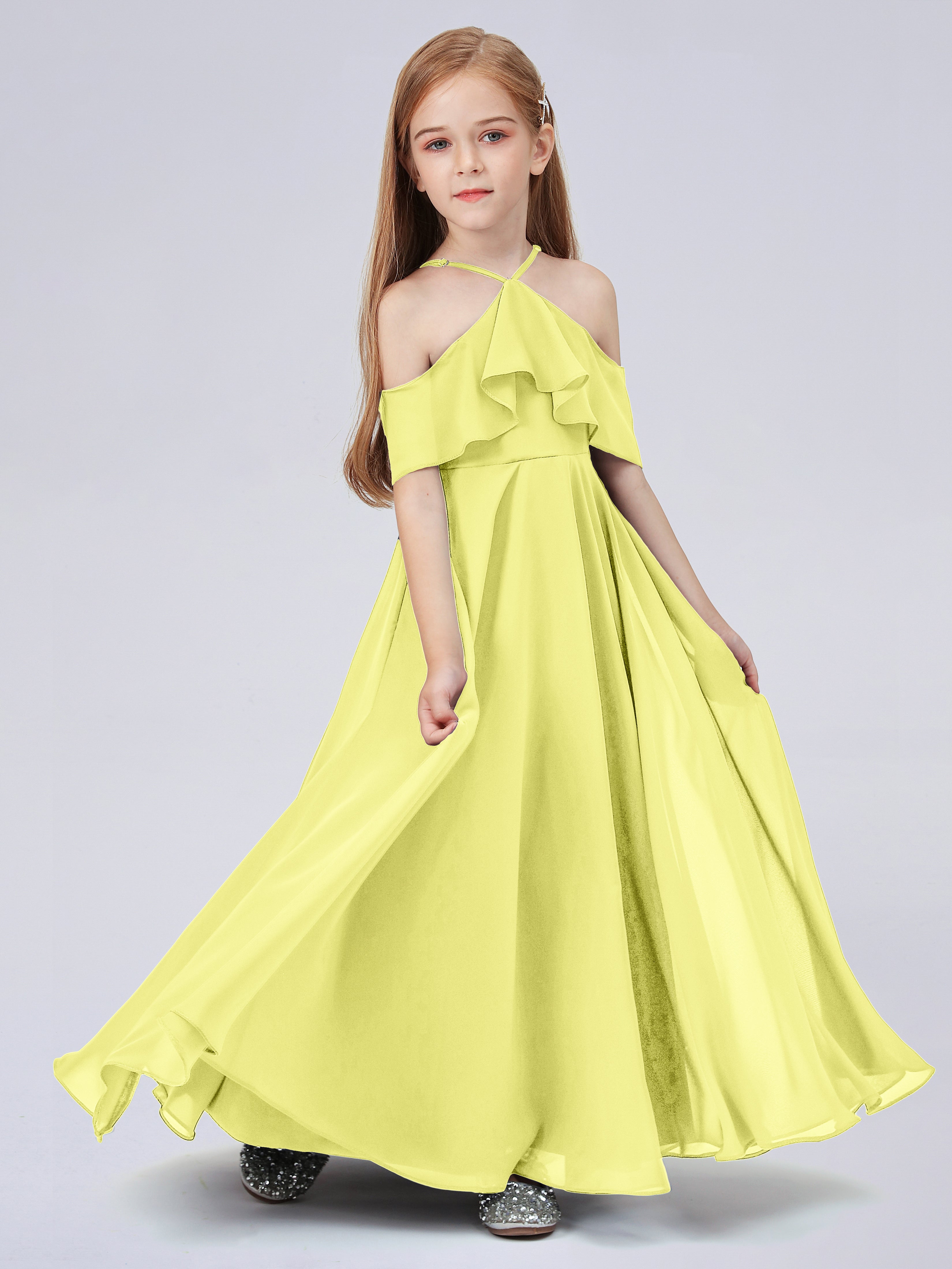 Schulterfreies Chiffon Kleid für Junge Brautjungfern mit Falten