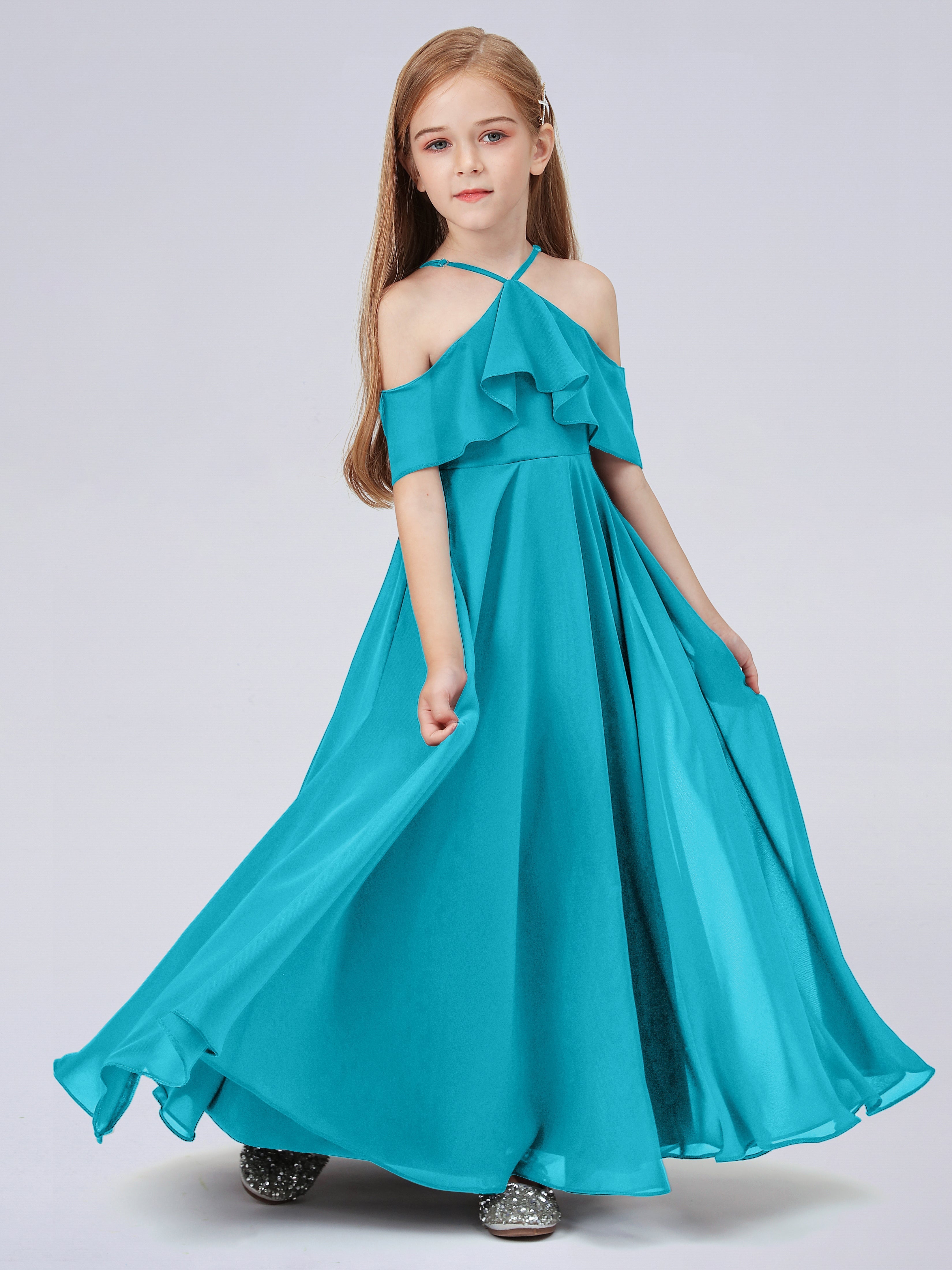 Schulterfreies Chiffon Kleid für Junge Brautjungfern mit Falten