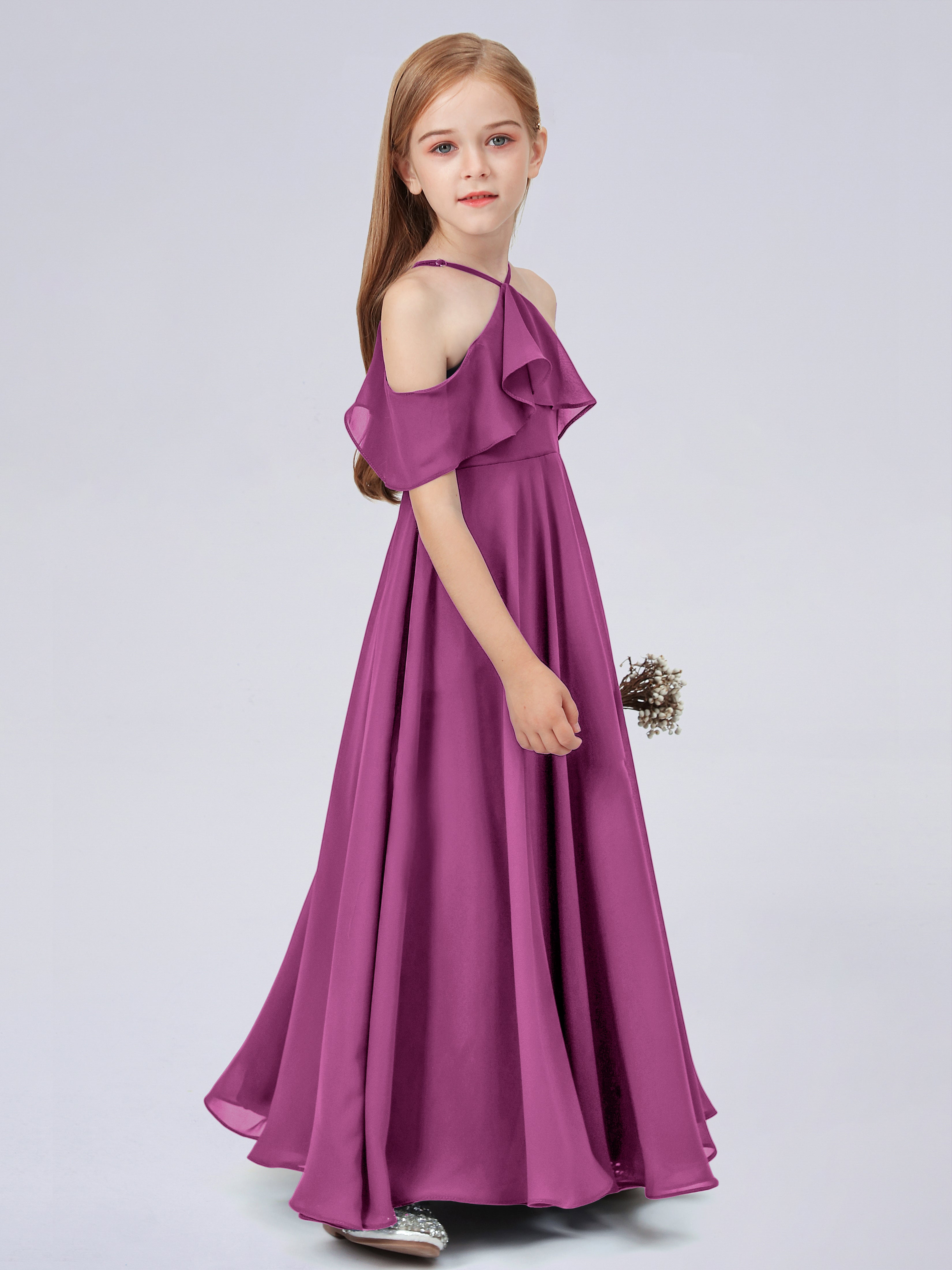 Schulterfreies Chiffon Kleid für Junge Brautjungfern mit Falten