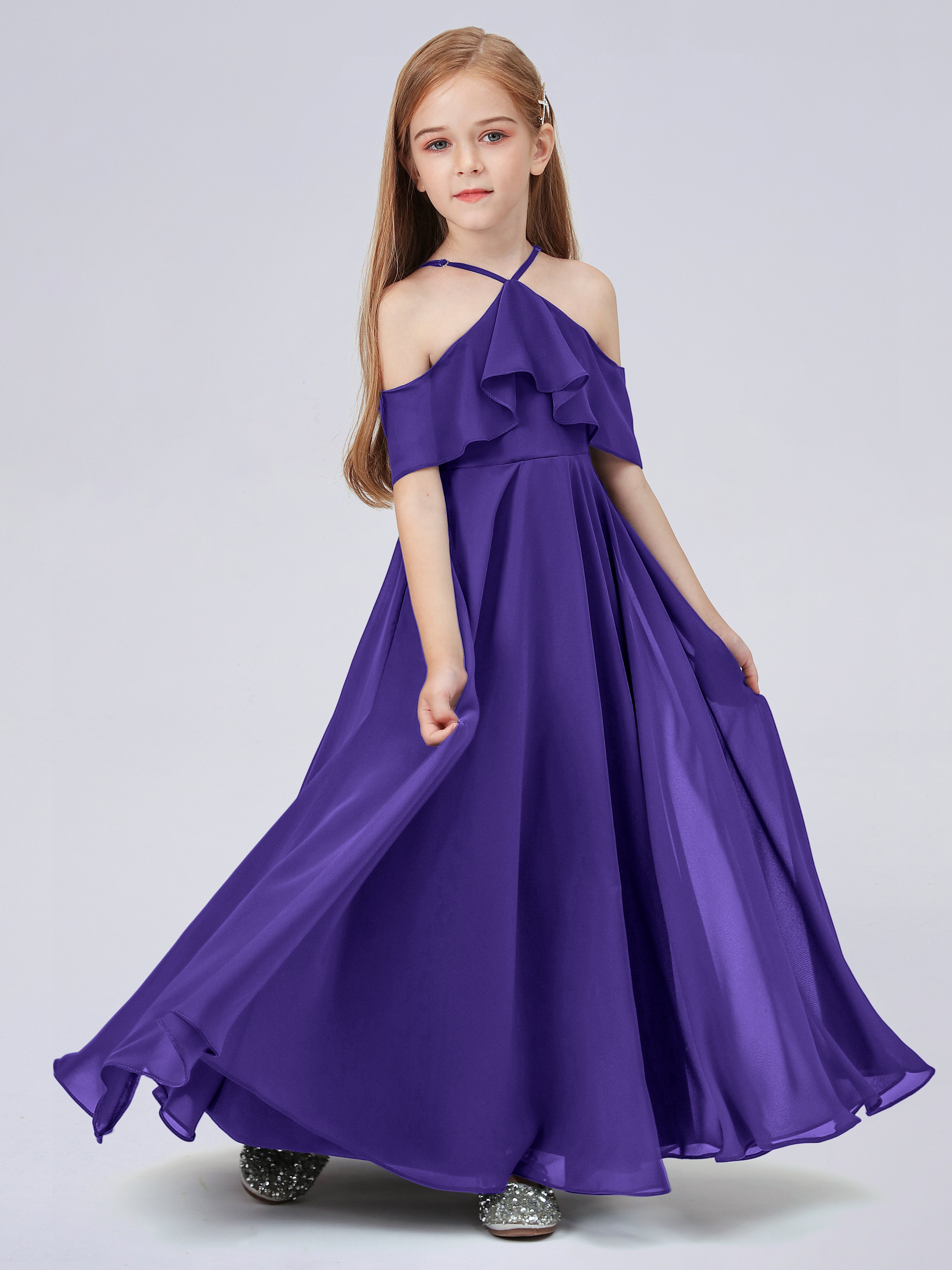 Schulterfreies Chiffon Kleid für Junge Brautjungfern mit Falten