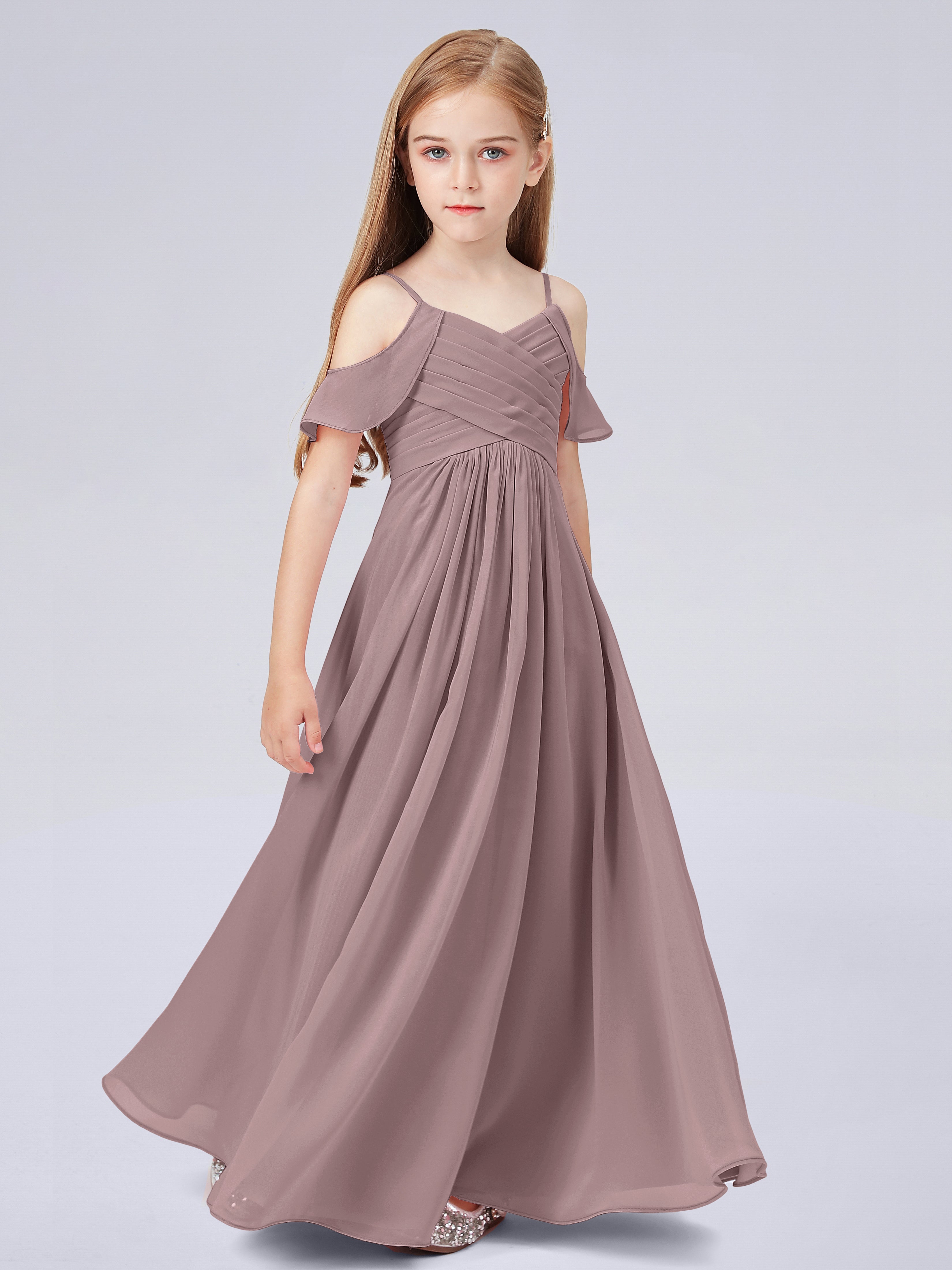 Schulterfreies Chiffon Kleid für Junge Brautjungfern