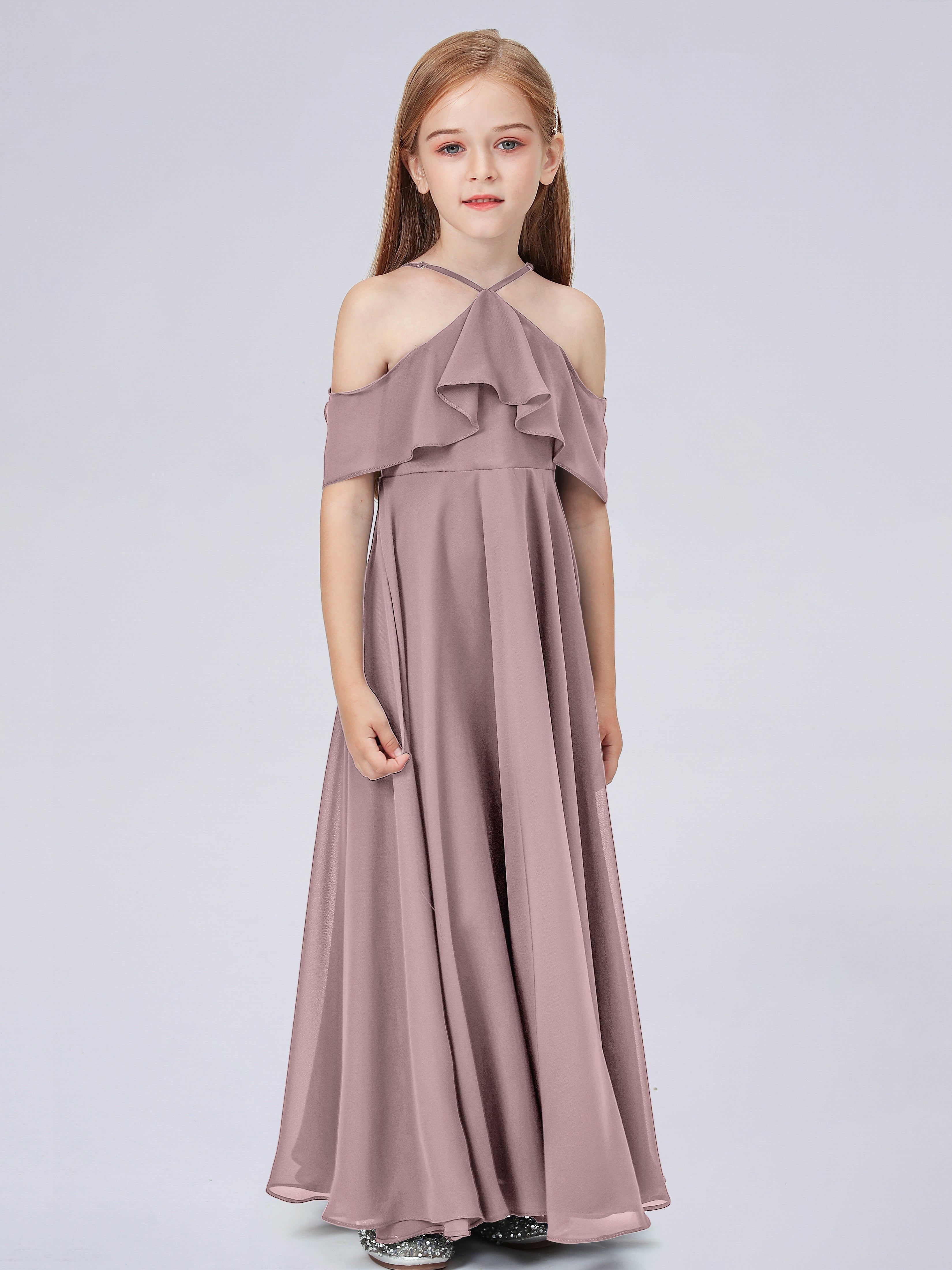 Schulterfreies Chiffon Kleid für Junge Brautjungfern mit Falten